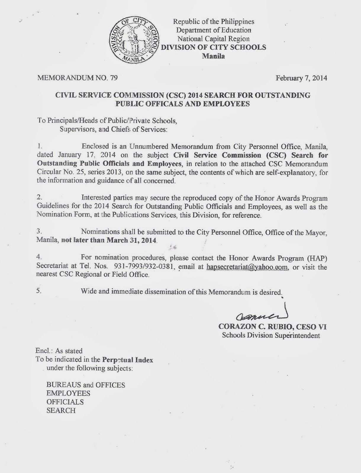 Department of Education Manila Division Memorandum No. 79 CIVIL