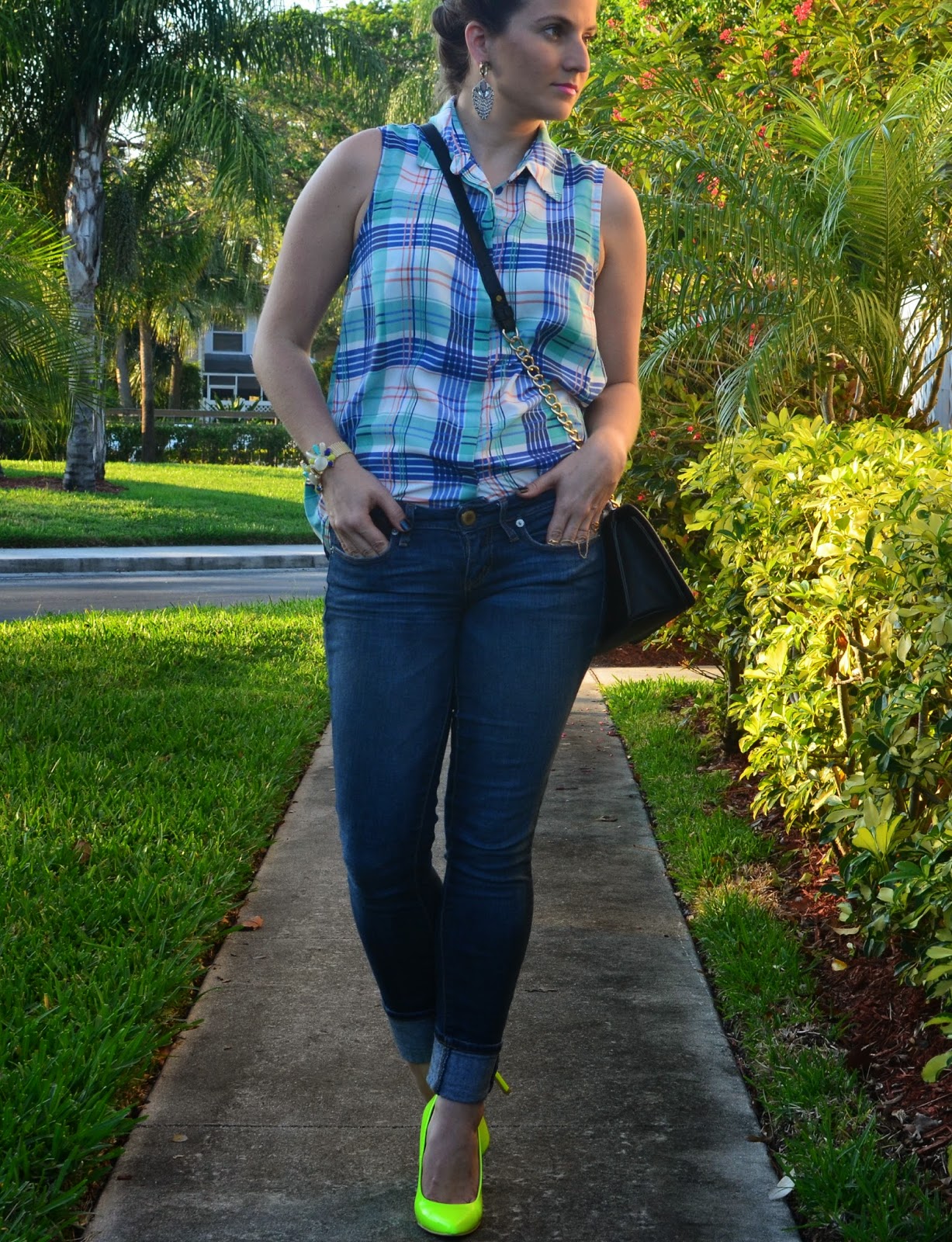 Madras and Neon pumps Skinny jeans - neon pumps - madras top - black clucth
