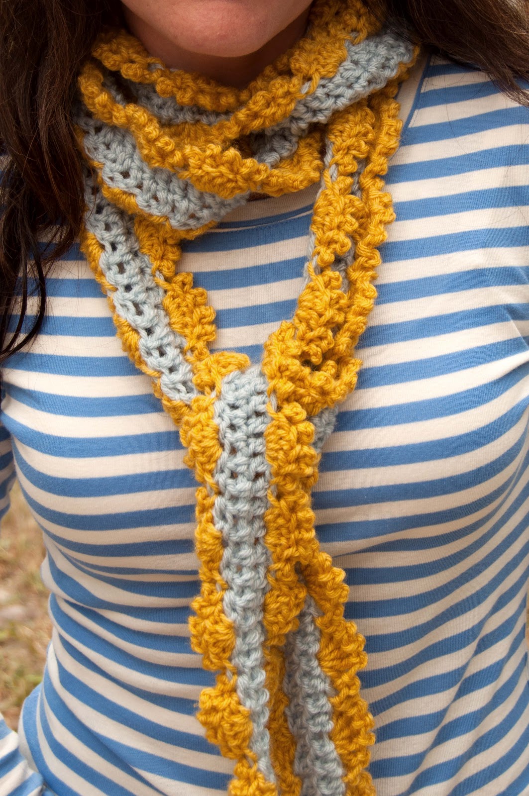Aesthetic Nest Crochet Skinny Scarf in Mustard and Grey