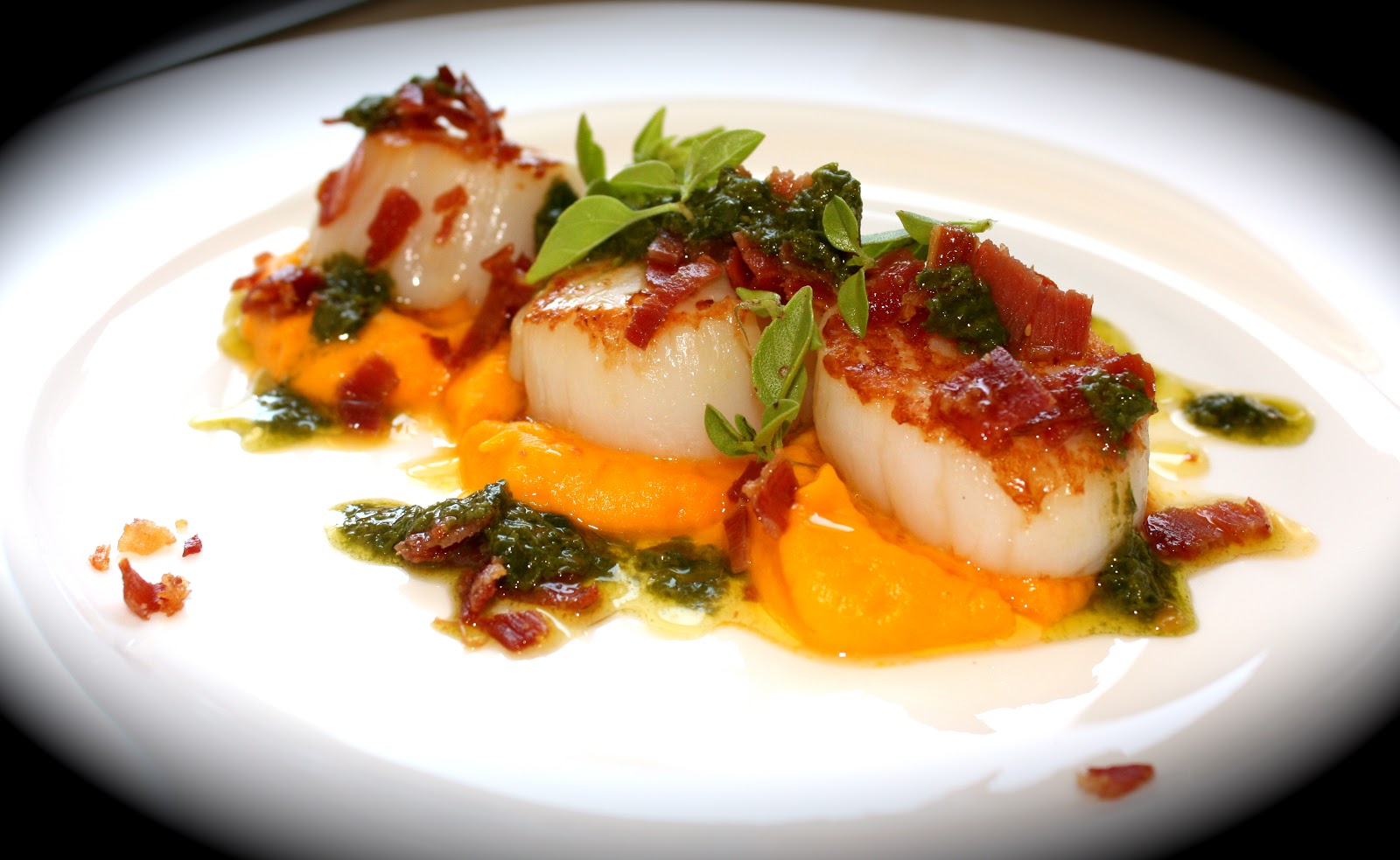 Scallops, Crispy Prosciutto, Carrot Puree & Basil Oil Em's Food for