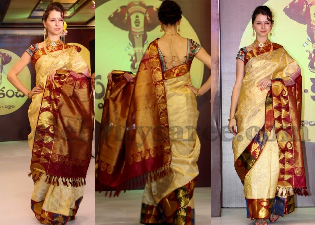 Cream Silk Saree With Back Neck Blouse Saree Blouse Patterns