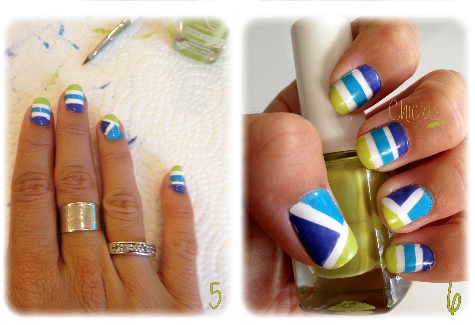 Chic'as Nail art rayé violet, bleu et vert