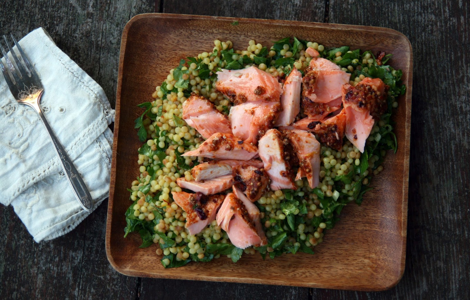 Harissa Salmon with Lemony Herbed Couscous Recipe mostly foodstuffs
