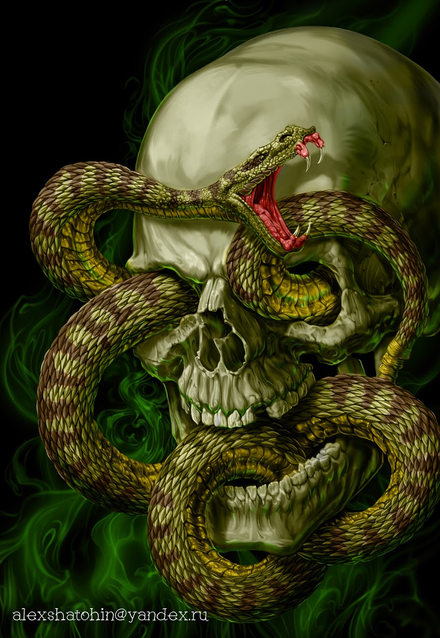 illustration de Alexander Shatohin représentant un crane dans lequel se love un serpent 