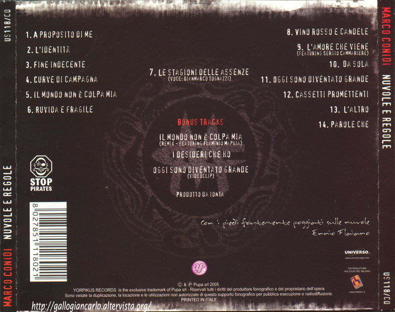 L elenco Dei Brani Sul Cd fotografie e altro...: Marco Conidi - "Nuvole e regole" CD EAN