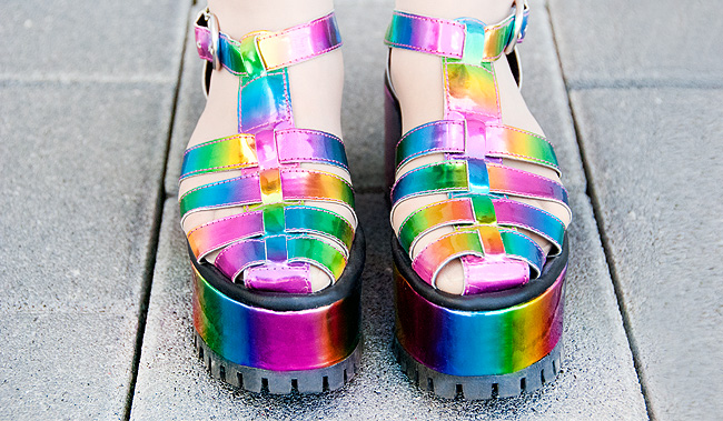 Sara is in Love with… blogger look fashion quirky outfit Tatty Devine sequin party Pearls & Wine fascinator millinery Unif moody rainbow sunglasses YRU platform shoes Textile Federation trousers YRU, rainbow shoes, platform sandals