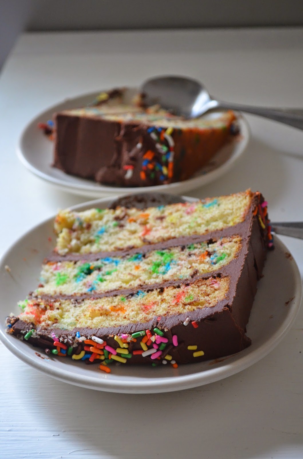 amour fou(d) funfetti cake with chocolate fudge frosting.