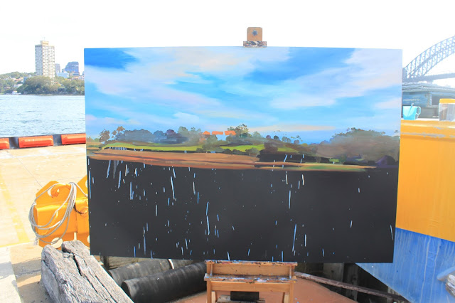 Starting a large plein air painting of Goat Island from Moore's Wharf by artist Jane Bennett Starting a large plein air painting of Goat Island from Moore's Wharf by artist Jane Bennett