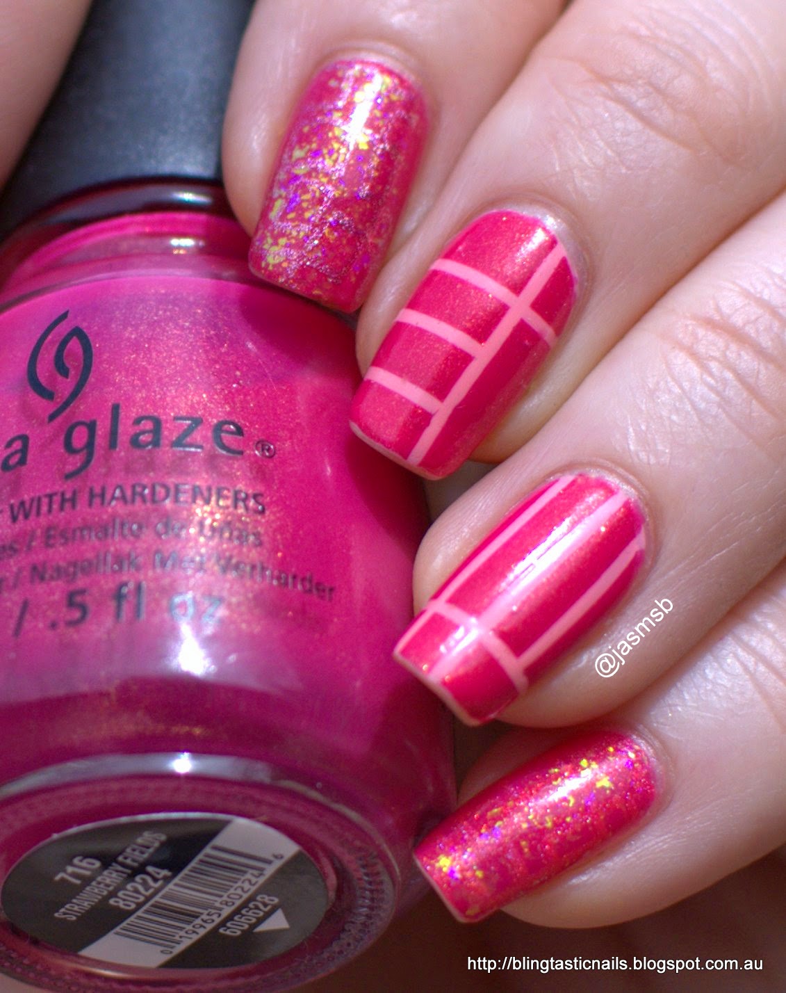 China Glaze Strawberry Fields with Maybelline Bleached Neon Tropink striping tape and Dance Legend Orlando
