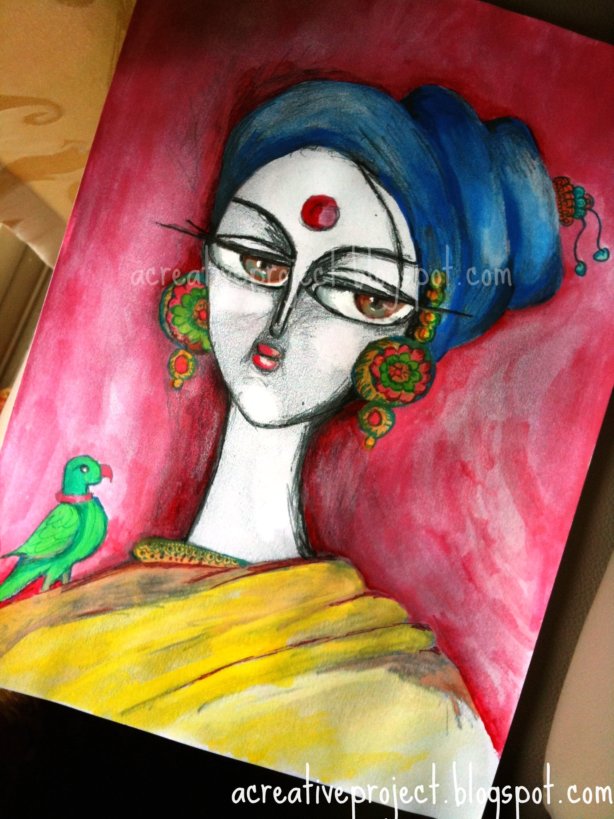 Indian paintings, buy Indian art, Indian women with a parrot, Indian contemporary art