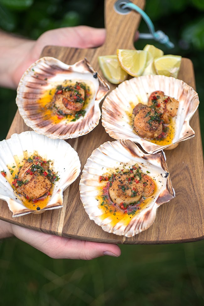 Scallops on the half shell with chilli clarified butter supergolden bakes