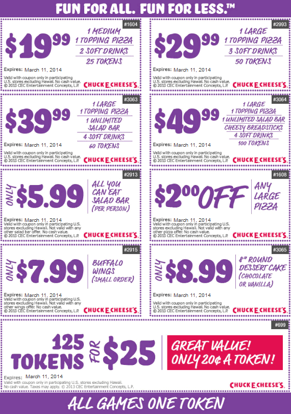 Chuck e coupons 100 for $10
