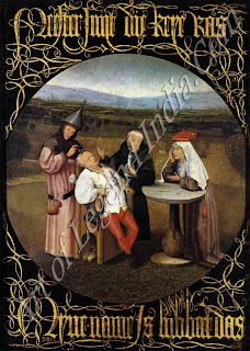 The Cure of Folly (1475-80) Gullibility and the price to be paid for it is a constant theme of Bosch's 'devil take the hindmost' philosophy. The man in the chair is clearly a victim though willing of the three charlatans surrounding him. The Cure of Folly (1475-80) Gullibility and the price to be paid for it is a constant theme of Bosch's 'devil take the hindmost' philosophy. The man in the chair is clearly a victim though willing of the three charlatans surrounding him.