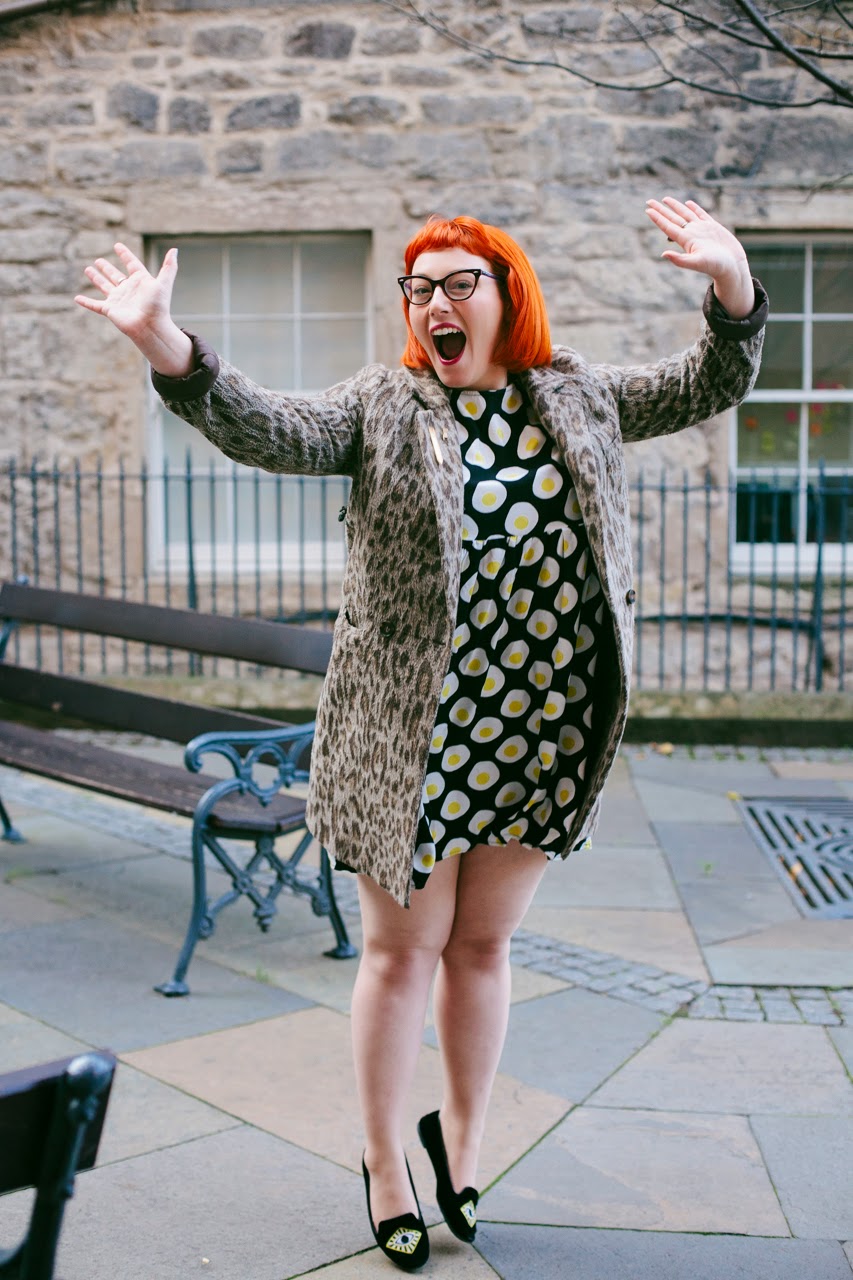Helen Mint and Chillies Edinburgh Blogger, Scottish Blogger, Mint and Chillies, Ginger, Red Head, cat eye glasses, The Whitepepper egg dress, leopard print, jump shot, blogger pose, Edinburgh