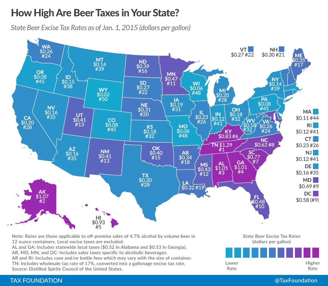 the map lists taxes per gallon of suds and ranks the states from highest tennessee at 1 29 per gallon to lowest 0 02 per gallon in wyoming the map lists taxes per gallon of suds and ranks the states from highest tennessee at 1 29 per gallon to lowest 0 02 per gallon in wyoming