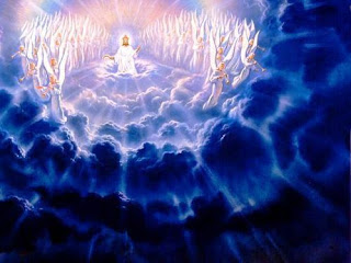 Christ's second coming from the clouds and angels singing around him.
