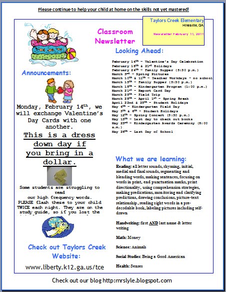 Mrs. Lyle's Kindergarten: Newsletter February 11, 2011