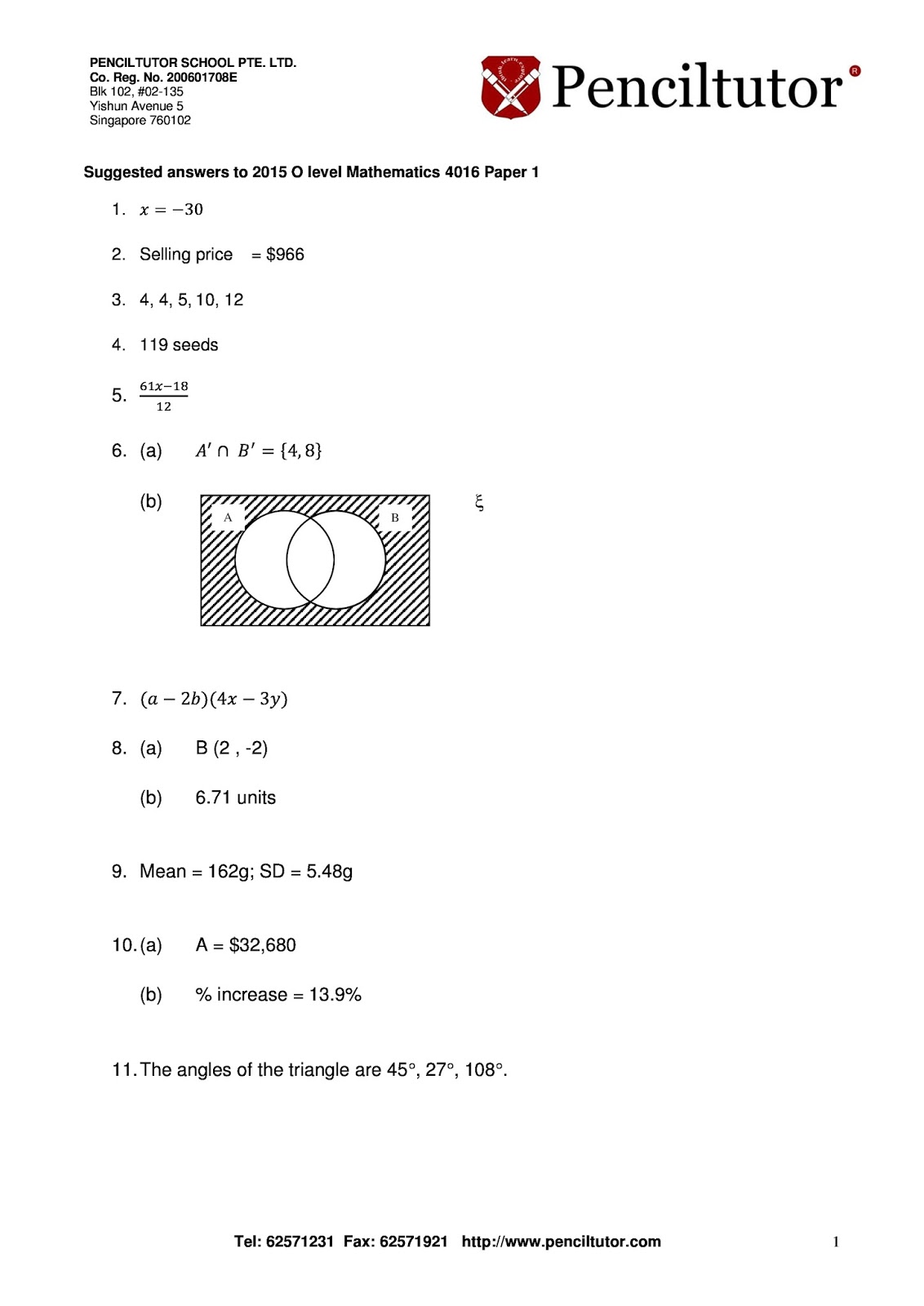 Penciltutor's answers to 2022 O Level papers Suggested answers to 2015