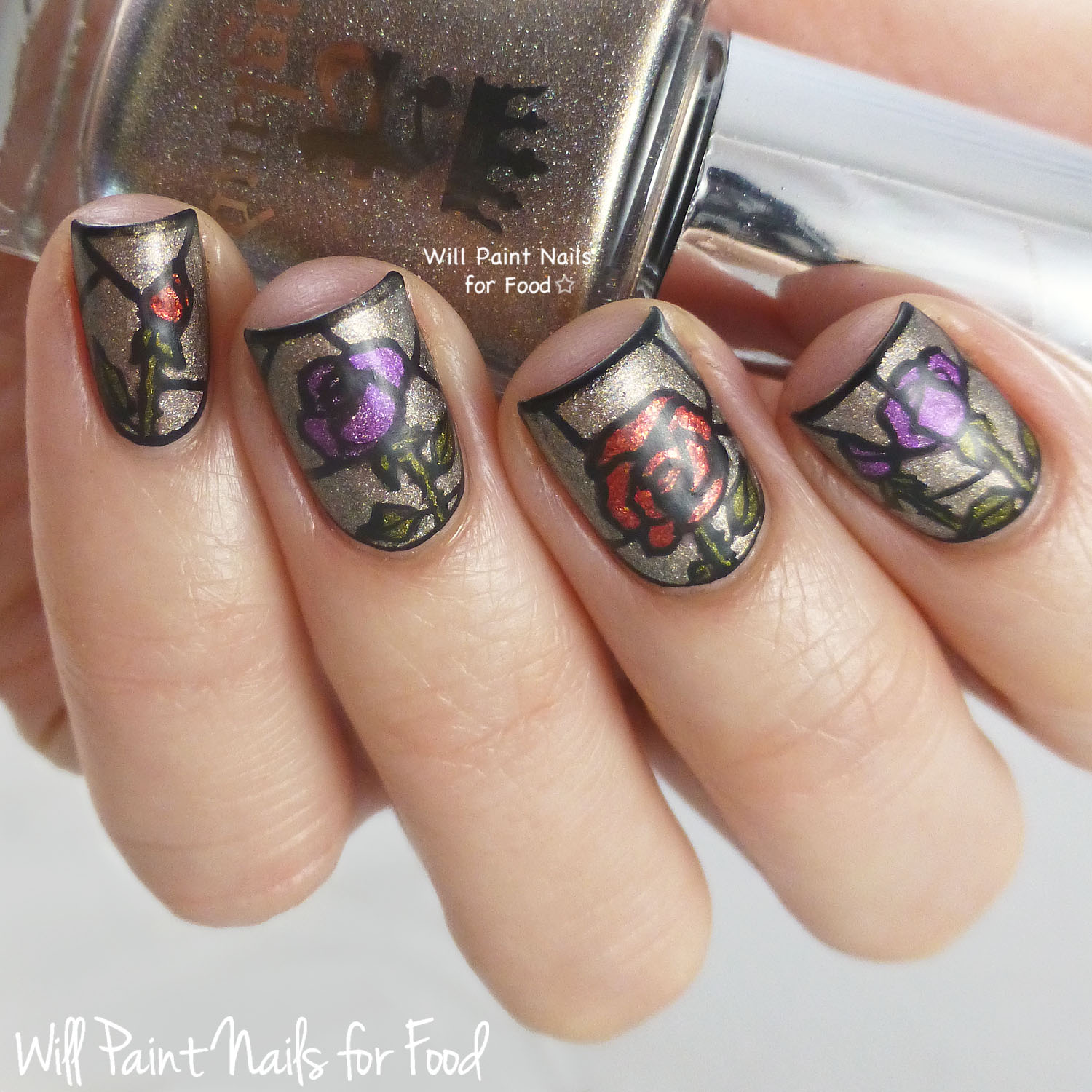 Stained glass roses featuring A England