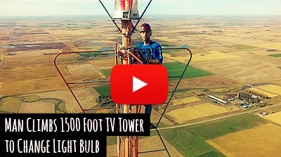 Watch daredevil Kevin Schmidt take on the terrifying climb of 1500 foot TV tower in South Dakota, to change the Flashing red light Bulb on top of the tower including a mid air selfie from a drone via geniushowto.blogspot.com incredible drone videos