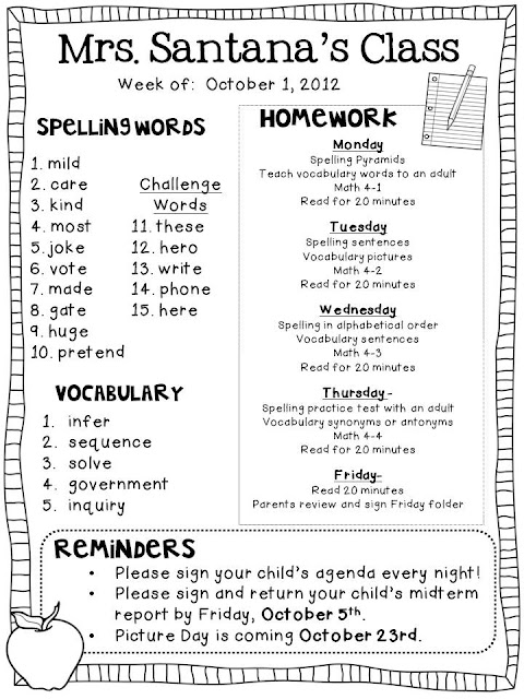 weekly homework template-elementary