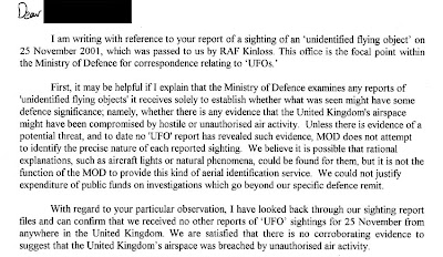 UFO letter from Ministry of Defence