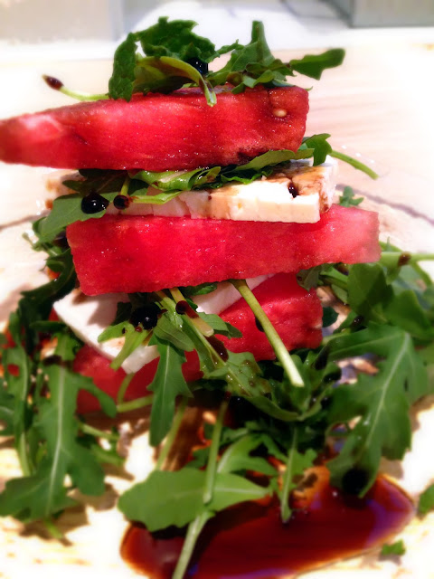 watermelon and goat cheese towers with balsamic