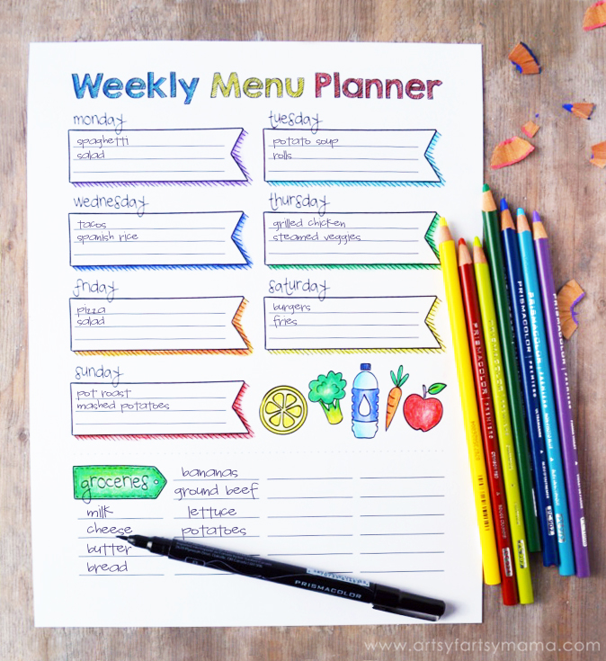 Free Printable Coloring Weekly Menu Planner at artsyfartsymama