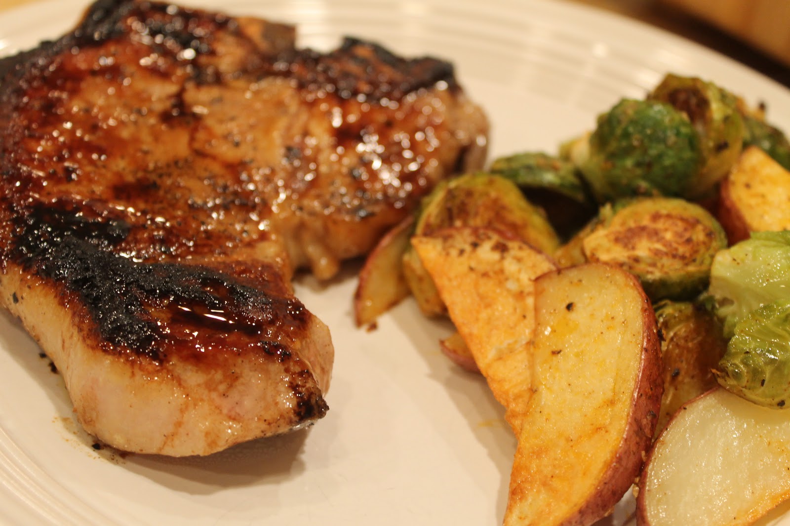 ty's kitchen Pork Chops, Brussel Sprouts, and Potatoes Redux