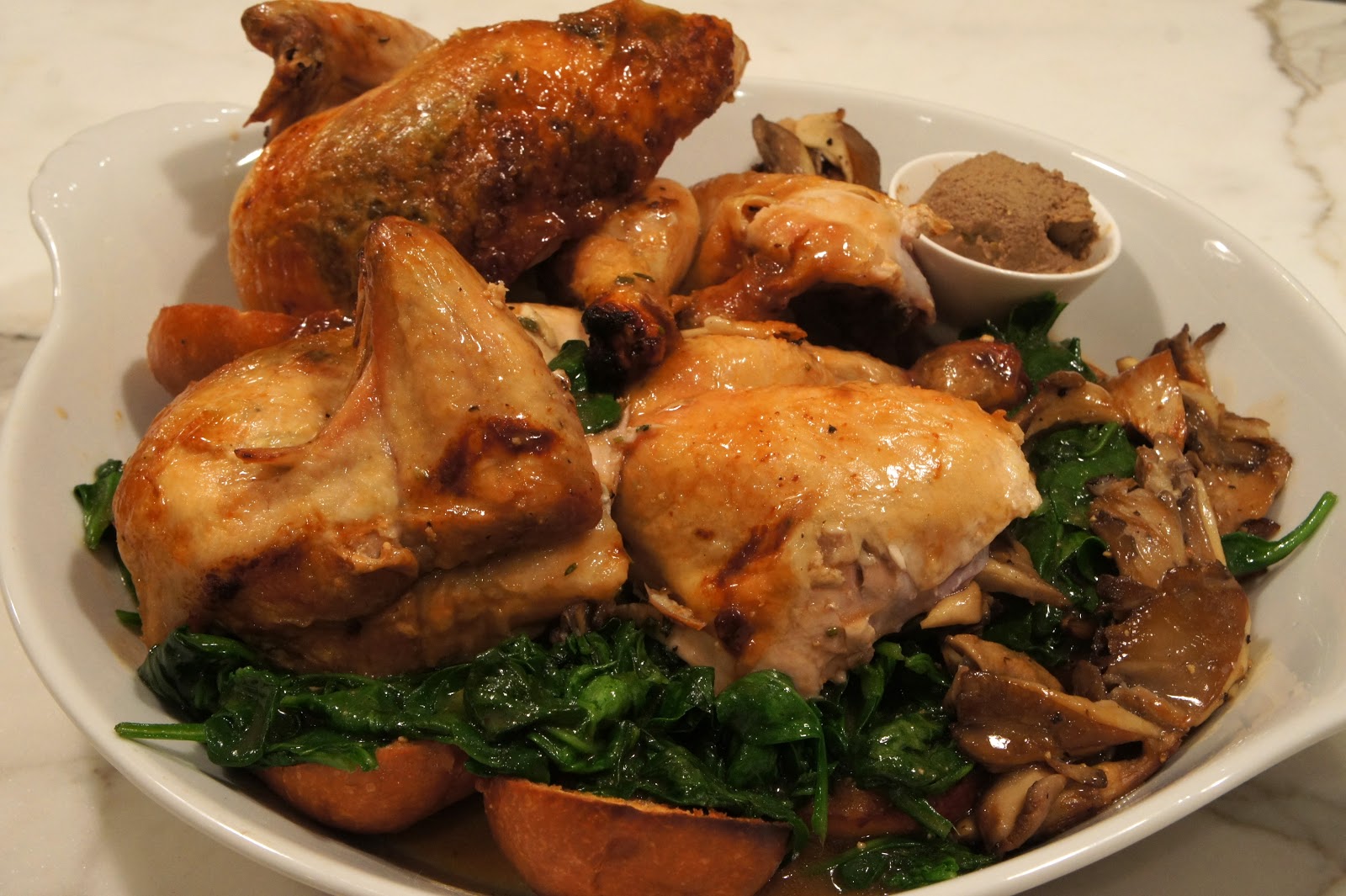 Crispy Chicken, Toasted Brioche, Oyster Mushrooms, Spinach, Chicken