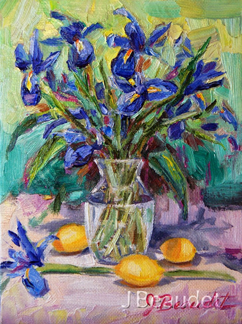 Irises and Lemons oil painting by j Beaudet studios, Jen Beaudet, Jennifer Beaudet Zondervan,Jennifer Beaudet Art