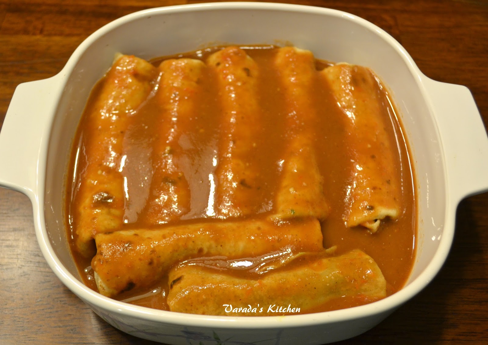Varada's Kitchen Spinach Enchiladas in Red Sauce