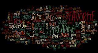 My wordle. The colorful words are on a dark background. Some of the bigger words read favorite, reading, school, and books.