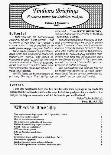 First Issue of Findians Briefings 1992 First Issue of Findians Briefings 1992