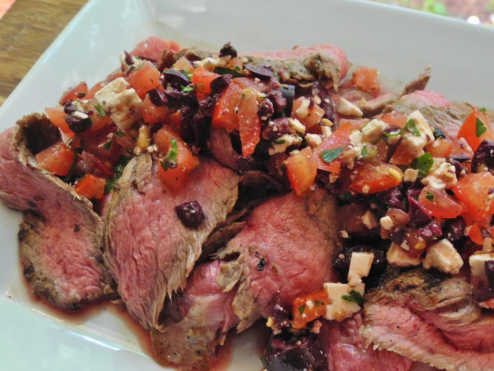 Delish Dish Cooks Flank Steak with Greek Salsa