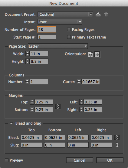 New Document settings New Document settings