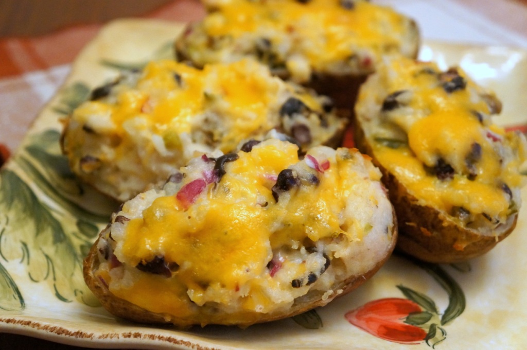 The Scattered Cook Cheesy Twice Baked Potatoes with Black Beans & Olives