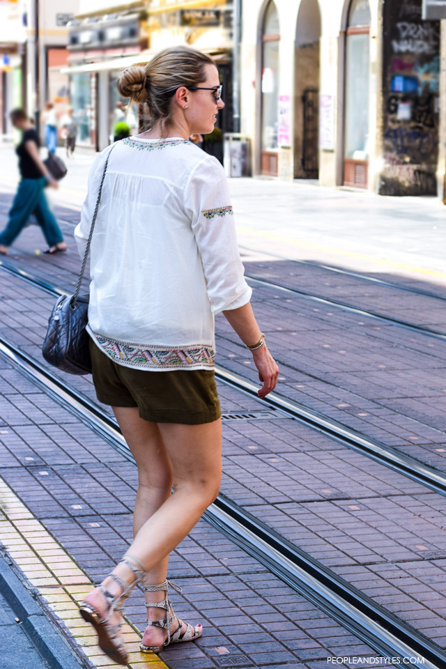 Boho blouse and shorts, gladiators, Street style in Zagreb, summer fashion, June 2015. What to wear to work in summer