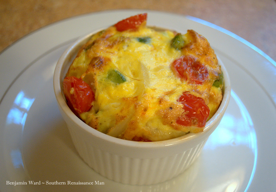 Southern Renaissance Man Frittata with Baby Heirloom Tomatoes in Ramekins