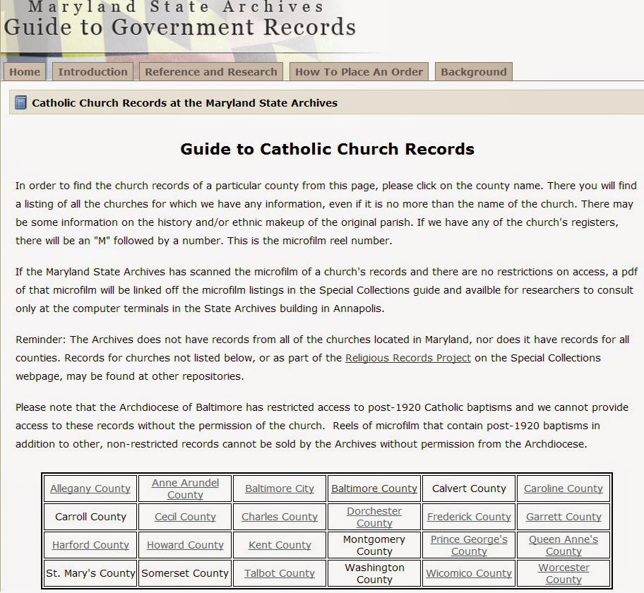 Townland of Origin Catholic Records At Maryland State Archives