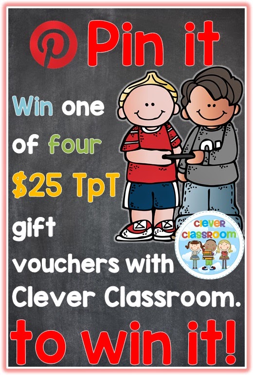 Pin it to win it with Clever Classroom four $25 TpT gift certificates up for grabs!