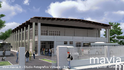 Vray rendering in Cinema 4d architettura moderna - Rendering esterno palazzetto dello sport di Bari "Palabalestrazzi"