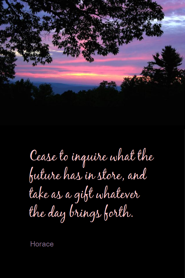 visual quote - image quotation for GRATITUDE - Cease to inquire what the future has in store, and take as a gift whatever the day brings forth. - Horace