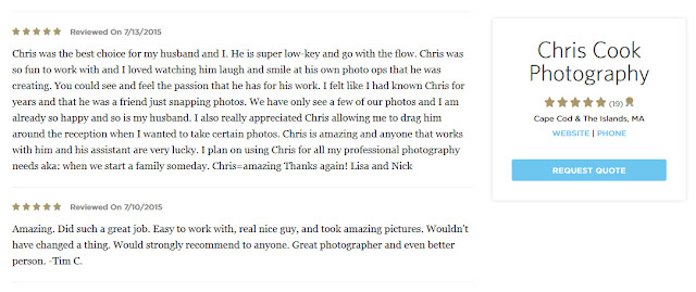 Cape Cod wedding blog photo from Chris Cook Photography about Recent reviews on The Knot!