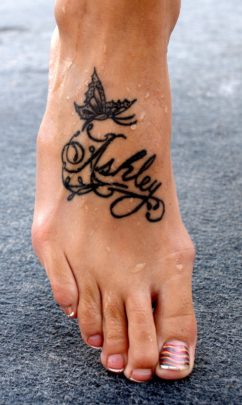 Word Lettering Name Tattoos Design on Foot