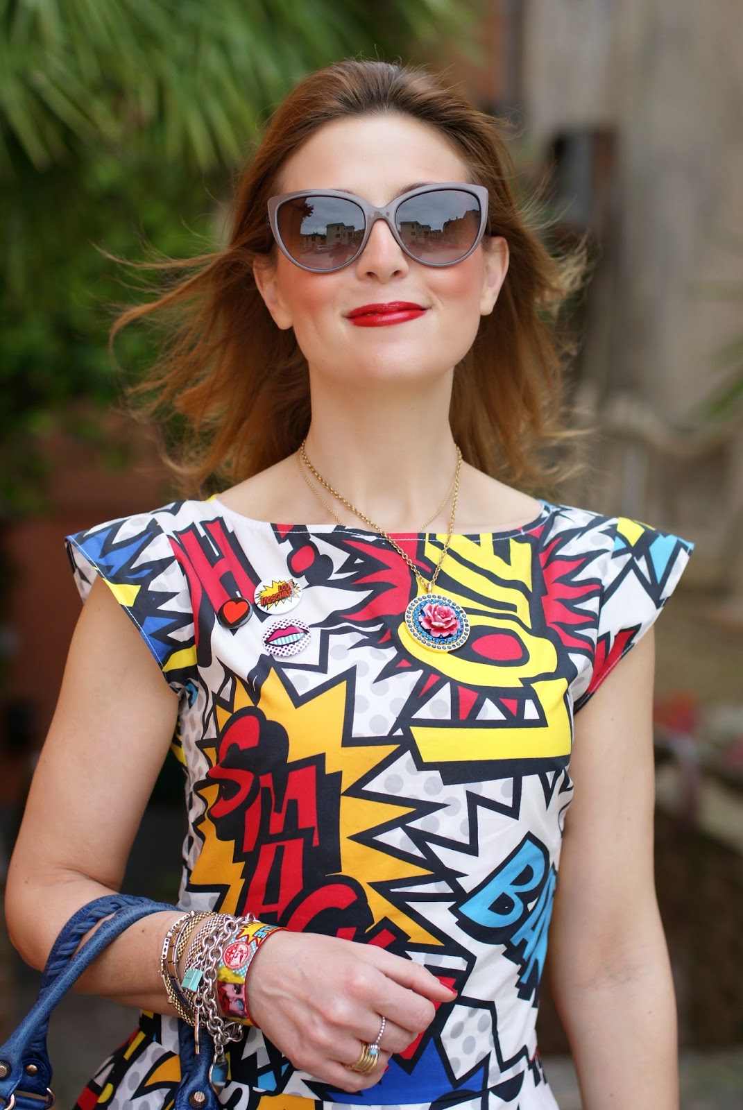 Love Moschino comics dress, Moschino sunglasses, Balenciaga city blue, Fashion and Cookies, fashion blogger