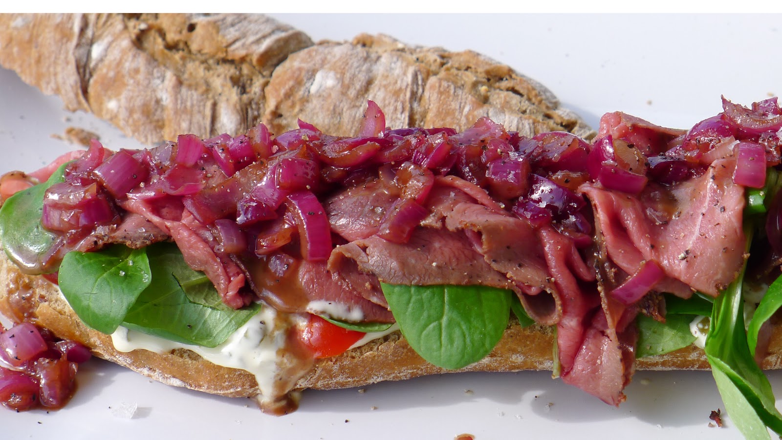 Roast Beef Baguette with Pickles and Red Onion Relish
