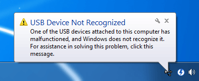 USB Device Not Recognized Error message