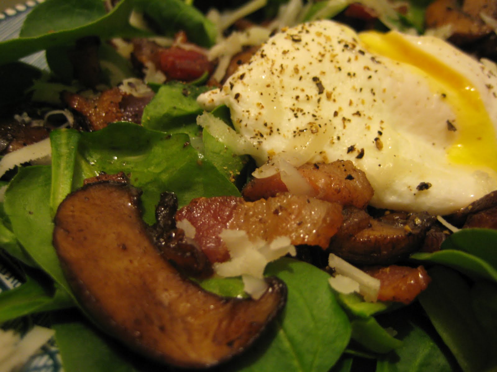 Bookcook SPINACH SALAD WITH MUSHROOMS, BACON, AND POACHED EGG