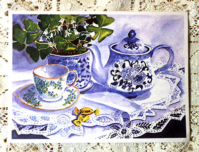 Note card with Teapot, Cup, Plant, and Fancy Linen